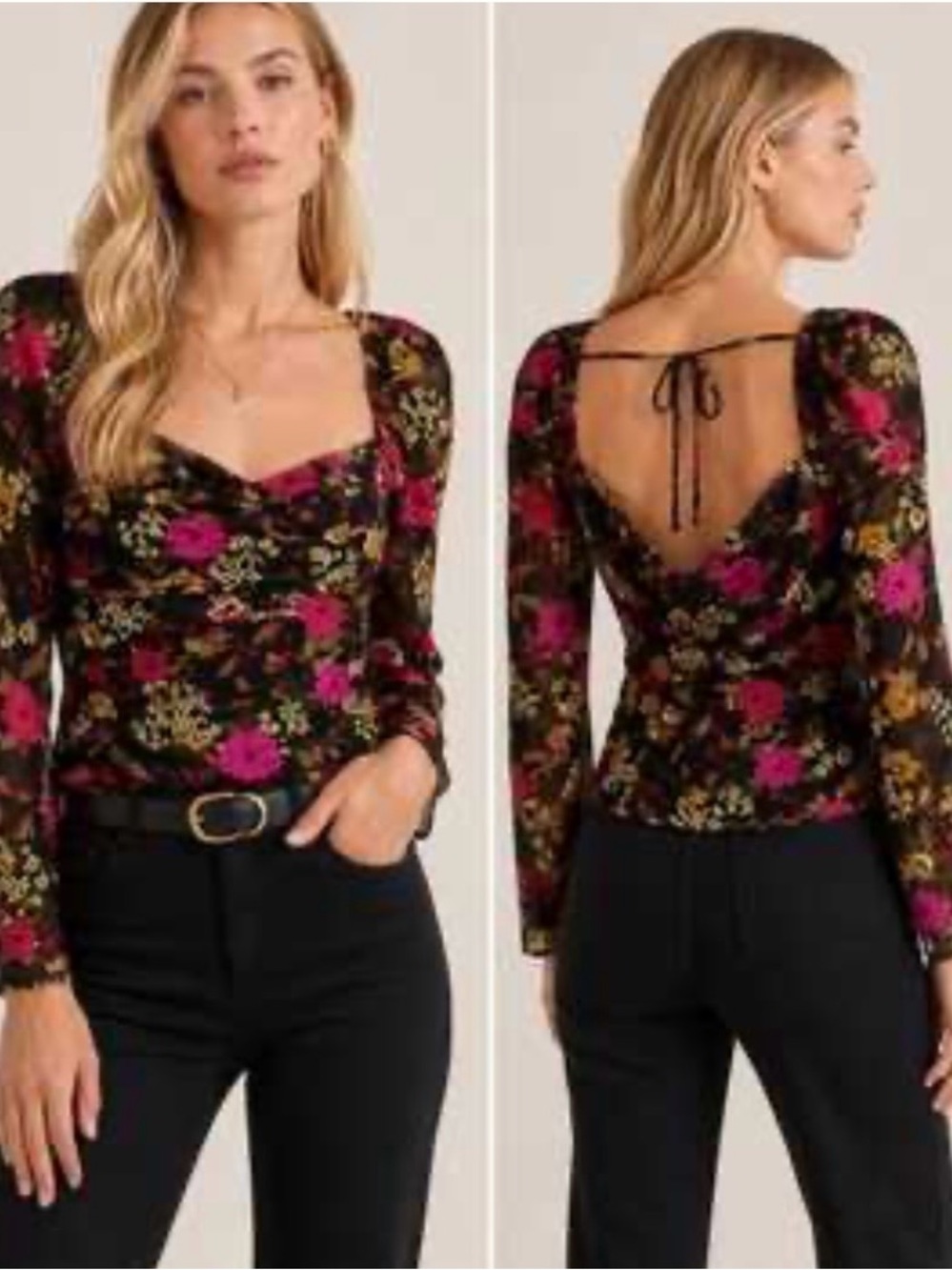Astr Black Floral Sweetheart Long-Sleeve Top with Open Tie Back